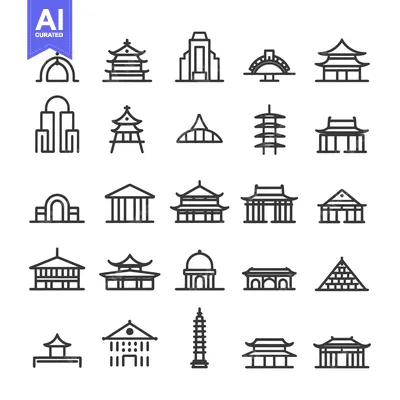 Premium design asset: Collection of Line Art Architectural Icons Inspired by Asian Styles