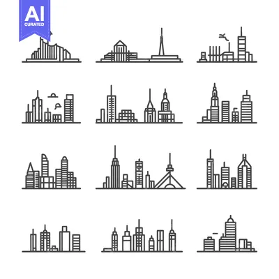 Aset desain premium: Collection of Line Art City Skylines with Different Architectural Styl