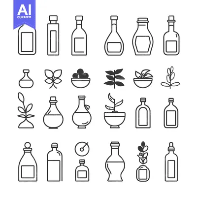 Aset premium populer: Collection of Line Art Icons Depicting Olive Oil Bottles, Plants, and