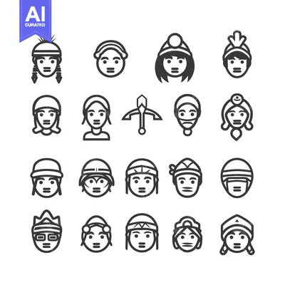 Aset premium populer: Collection of Line Art Icons Depicting People in Headwear