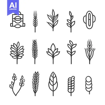 Popular premium asset: Collection of Line Art Icons Depicting Various Plants and Wheat