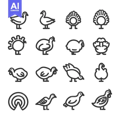 Aset desain premium: Collection of Line Art Icons Featuring Birds and Turkeys
