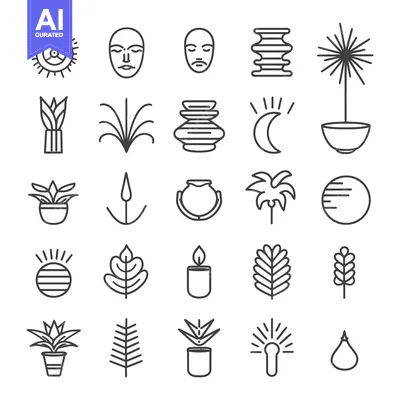 Aset premium populer: Collection of Line Art Icons Featuring Plants, Sun, Moon, and Other Na