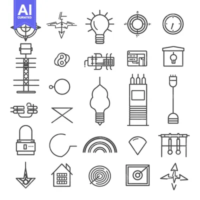 Aset desain premium: Collection of Line Art Icons Related to Electrical, Technology, and Na