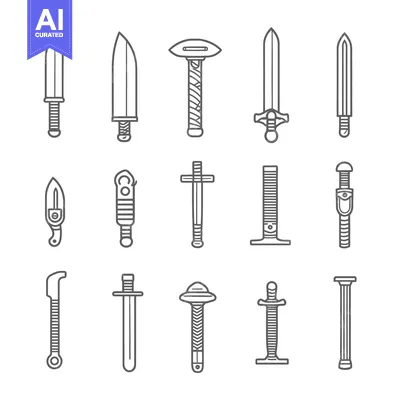 Aset desain premium: Collection of Line Art Illustrations Depicting Various Types of Swords