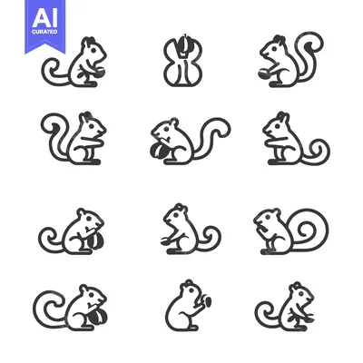 Aset premium populer: Collection of Line Art Squirrel Icons with Nuts