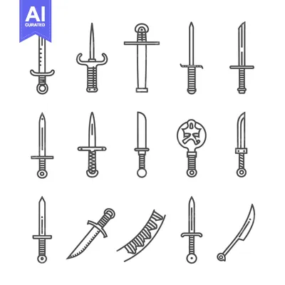 Aset premium populer: Collection of Line Art Sword and Knife Illustrations