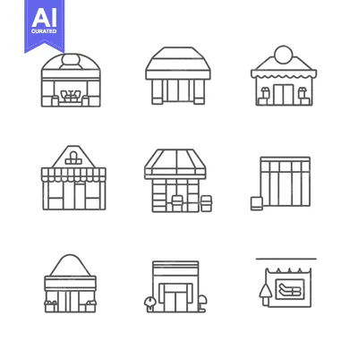 Aset desain premium: Collection of Line Drawings Depicting Various Store Fronts