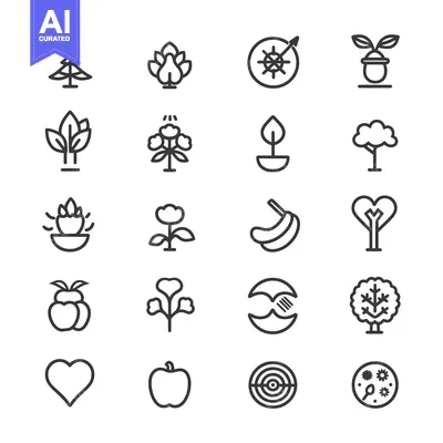 Aset desain premium: Collection of Line Drawings Depicting Various Trees and Plants