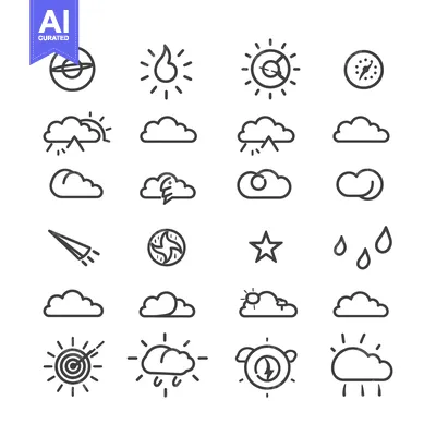 Collection of Line Drawings of Clouds, Sun, and Other Weather-Related