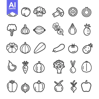 Aset desain premium: Collection of Line Drawings of Fruits and Vegetables