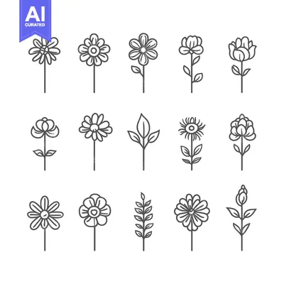 Aset desain premium: Collection of Line Drawings of Simple Flowers and Plants