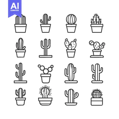 Aset premium populer: Collection of Line Drawings of Various Cactus Plants in Pots