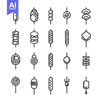 Collection of Line Drawings of Various Skewered Food Items