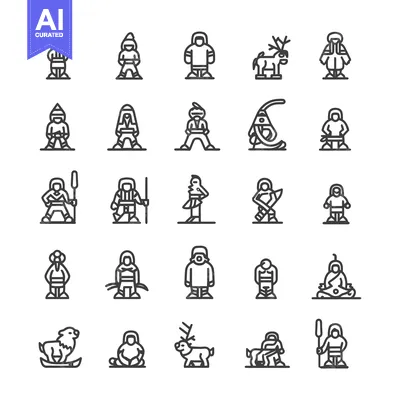 Collection of Line Icons Depicting Inuit Culture and Traditions