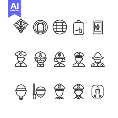 Aset desain premium: Collection of Line Icons Depicting Police Officers and Related Symbols