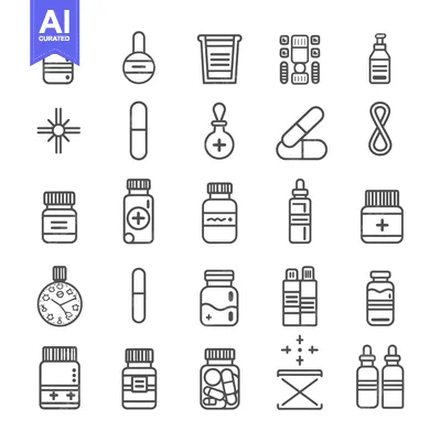 Aset premium populer: Collection of Line Icons Depicting Various Pharmaceutical Products and