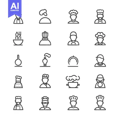 Aset desain premium: Collection of Line Icons Featuring Chefs and Cooking Utensils