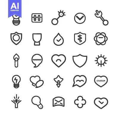 Aset premium populer: Collection of Line Icons Featuring Hearts, Shields, and Lightbulbs