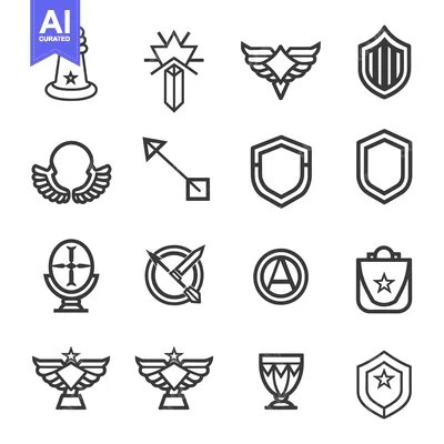 Aset desain premium: Collection of Line Icons Featuring Stars, Wings, Shields, and Trophies