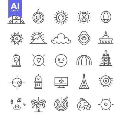 Aset desain premium: Collection of Line Icons Related to Astronomy, Nature, Buildings, and