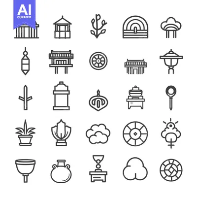 Aset desain premium: Collection of Line Icons Representing Architecture, Nature, and Object