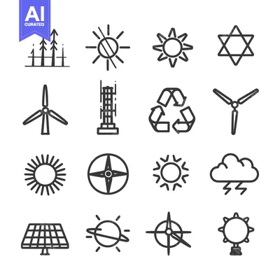 Aset premium populer: Collection of Line Icons Representing Renewable Energy Sources and Wea
