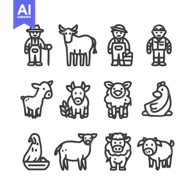 Aset premium populer: Farm Animals and Farmers - A Detailed Line Art Illustration.