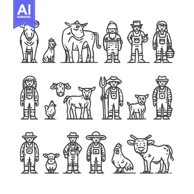 Aset desain premium: Farm Animals and Farmers - Line Art Illustration.