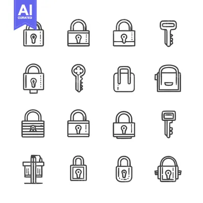 Aset premium populer: Collection of lock and key icons for security and access.