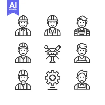 Aset premium populer: Construction Workers and Gear Icons - A Set of Line Art Illustrations.