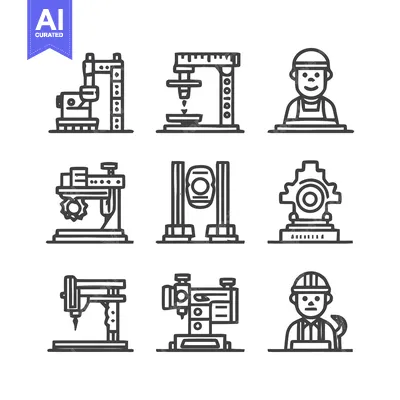 Aset premium populer: Industrial machinery and worker icons for manufacturing and engineerin