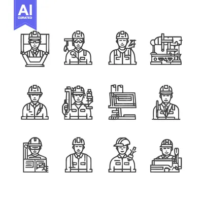 Aset desain premium: Construction Workers - Diverse Lineup of Professionals at Work.