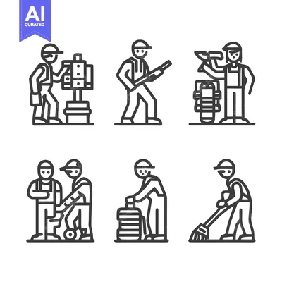 Aset desain premium: Workers in Various Professions - A Collection of Line Art Illustration