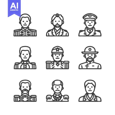 Premium design asset: Collection of military and civilian portraits in line art style.