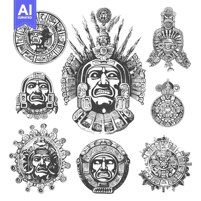 Aset desain premium: Collection of Mayan and Aztec Deity Masks and Calendar Symbols