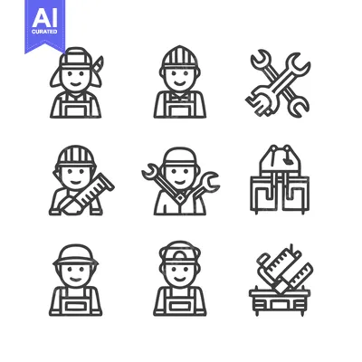 Aset desain premium: Collection of various construction worker icons and tools for design.