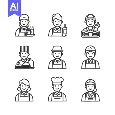 Aset desain premium: Diverse Food Service Professionals - A Collection of Line Art Icons.