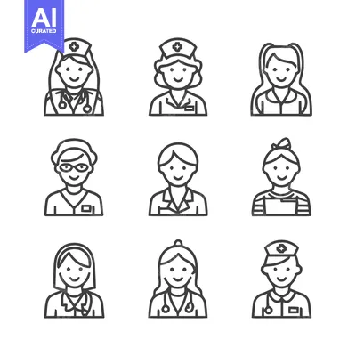 Aset desain premium: Nine Line Art Icons of Medical Professionals and Healthcare Workers.