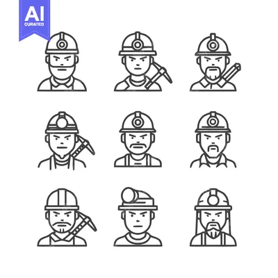 Premium design asset: Diverse Line Art Miner Portraits Depicting Various Expressions and Too