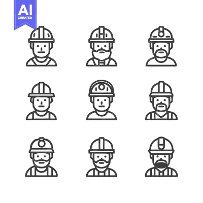 Popular premium asset: Construction Workers - Diverse Line Art Portraits in Protective Helmet