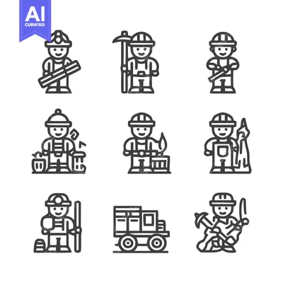Aset premium populer: Construction Workers and Miners - A Collection of Line Art Icons.