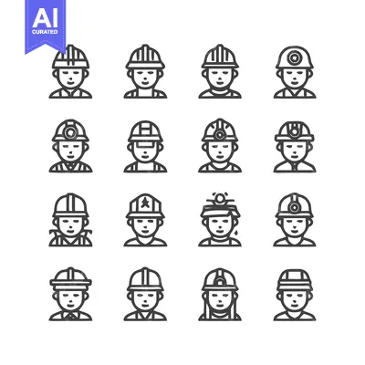 Aset desain premium: Construction worker icons set, various helmet styles, line art, vector