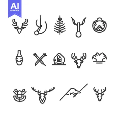 Aset desain premium: Collection of Minimalist Deer, Tree, and Hunting Icons