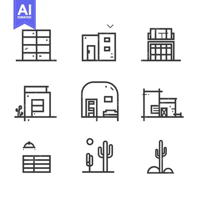 Aset desain premium: Collection of Minimalist Line Art House and Desert Icons