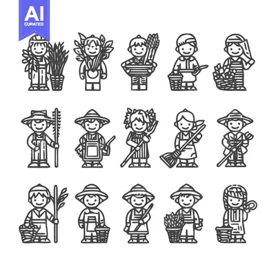 Aset premium populer: Line art illustrations of farmers and agricultural workers.