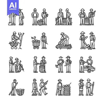 Premium design asset: Collection of various line art illustrations depicting agricultural wo