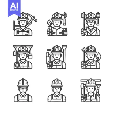 Premium design asset: Construction Workers with Tools - A Set of Line Art Icons.