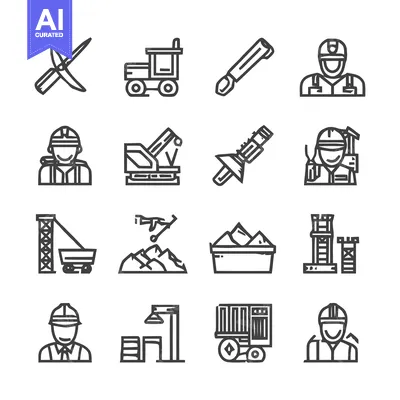 Aset desain premium: Mining Industry Icons - Tools, Equipment, and Workers in Action.