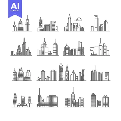 Premium design asset: Collection of Modern City Skylines with Buildings in a Simple Line Art